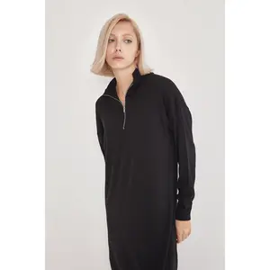 High-Neck Cotton Knit Dress with Zipper - Black