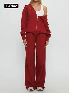 Women Fall Winter Long Sleeve Zipper Hoodie & Pants 2 Piece Set, Ladies Loose Casual Athleisure Tracksuit, Workout Sets, Tracksuit Sets, Sweatsuit Set, Solid Tracksuit Set, Sports Casual Wear