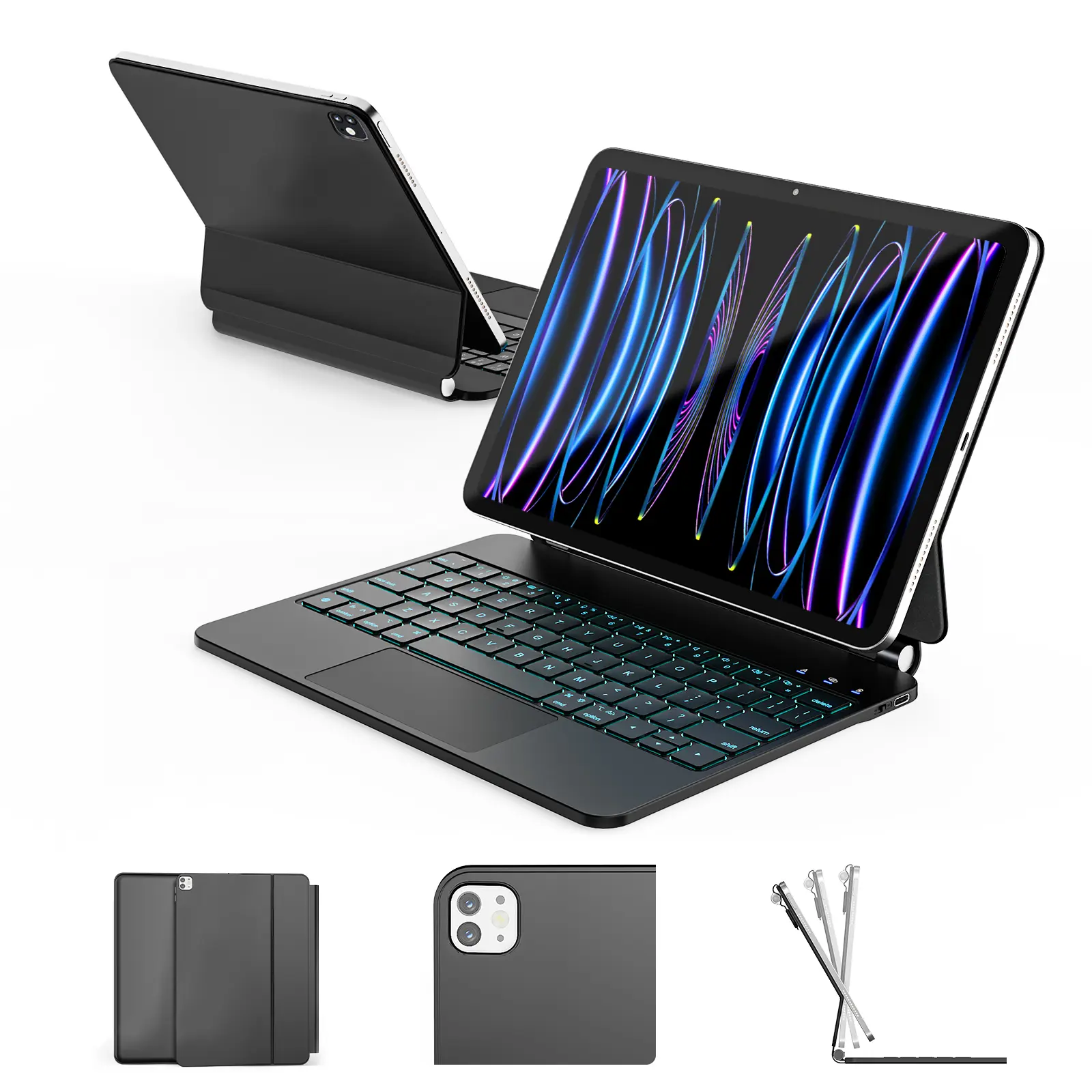 2026 New Model Magic Keyboard compatible with iPad Pro (18–22‑inch, 11‑inch), iPad Air 4/5 (10.9‑inch), iPad Air 6/7/8 (10‑inch); materials: ABS + aluminum alloy + aluminum‑boron composite + PU leather