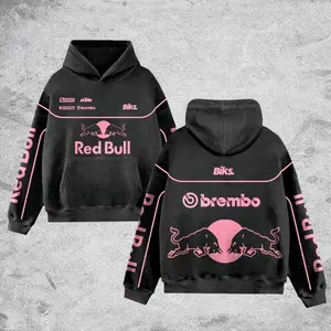 Redbull Pink GP Racing Retro Unisex Washed Hoodie Hoodie Motor World Champion Enthusiast Apparel Streetwear Helmet Racing Team Super Motorsports Clothing Riders Motocross Off-Road Dirt Bike Fan Gear Cotton For Motor Fan