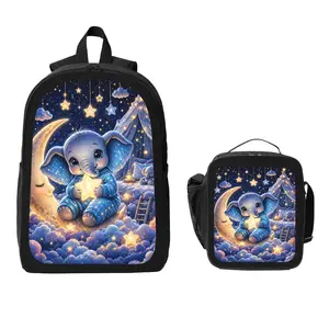 Cute Dreamy Starry Sky Elephant Backpack and Lunch Bag Set Bundle Large Capacity Backpack with Insulated Lunch Tote Lightweight Durable Multi Pocket Design Comfortable Shoulder Straps Travel Daily Use Organizer Stylish Matching Set Unisex