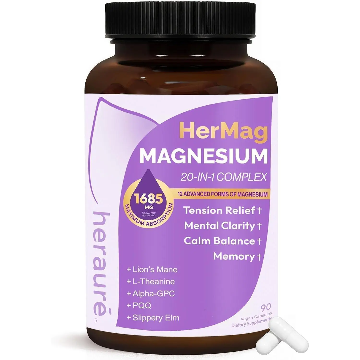 HerAure 20-in-1 Magnesium Complex Brain Supplements, 90ct | 1685mg with Glycinate, Citrate & Malate, L-Theanine for Focus & Calm, Mental Clarity & Brain Fog Support