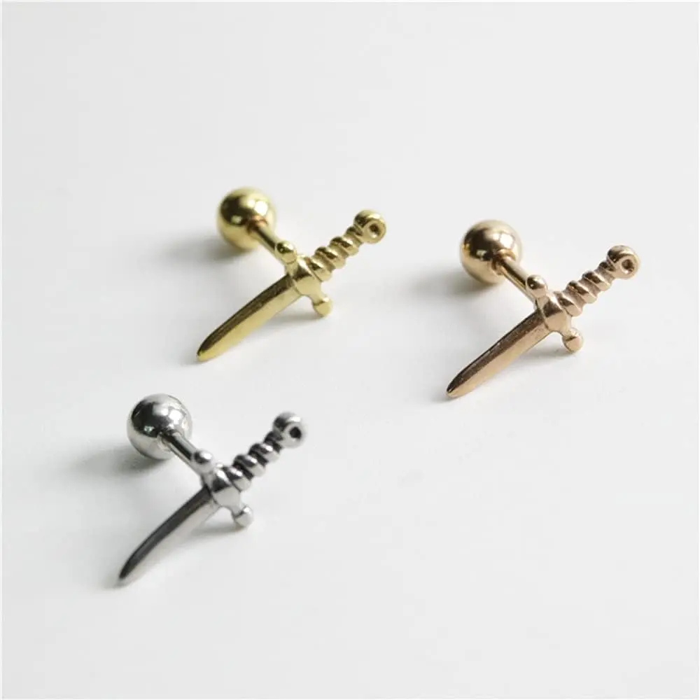 16g Knife Tiny Small Cartilage Tragus Barbell Stud Earrings for Women Men Stainless Steel Personalized Punk Minimalist Dagger Sword Hypoallergenic Piercing Post Screw Back Fashion Jewelry Gifts