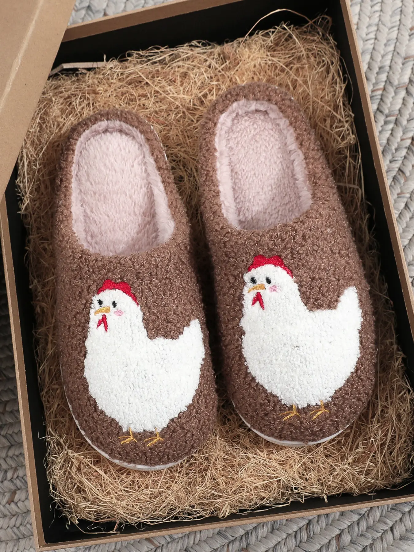 Soft Plush Hen Slippers, Fluffy Warm Home Slippers, Cute Chicken Embroidered Indoor Outdoor Shoes, Fall Winter Gift for Farm Parents