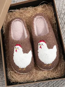 Soft Plush Hen Slippers, Fluffy Home Slippers, Cute Chicken Embroidered Indoor Outdoor Shoes, Fall Winter Gift for Farm Parents
