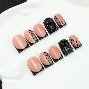 10 pieces/set of handmade nail tips,Handmade Nail Tips Set, Acrylic Press Nails, French Tip Leopard Print Press-On Nails, 3D Pearl Art, Nude Base False Nails, Reusable Women's Nail Glue