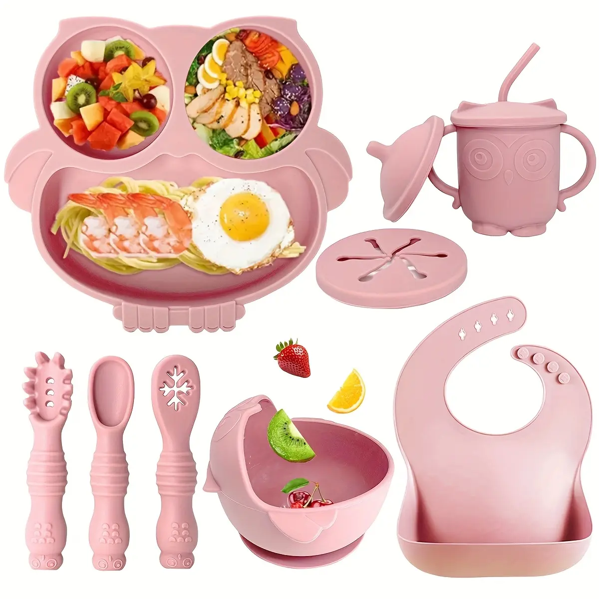 9pcs Set of Silicone Feeding Items for Babies - Features a Suction Bowl, Divided Plate, Self-Feeding Plate for Toddlers, Spoon, Fork, Adjustable Bib, And a Sippy Cup, All Designed to Be Safe, Dependable, And Long-Lasting