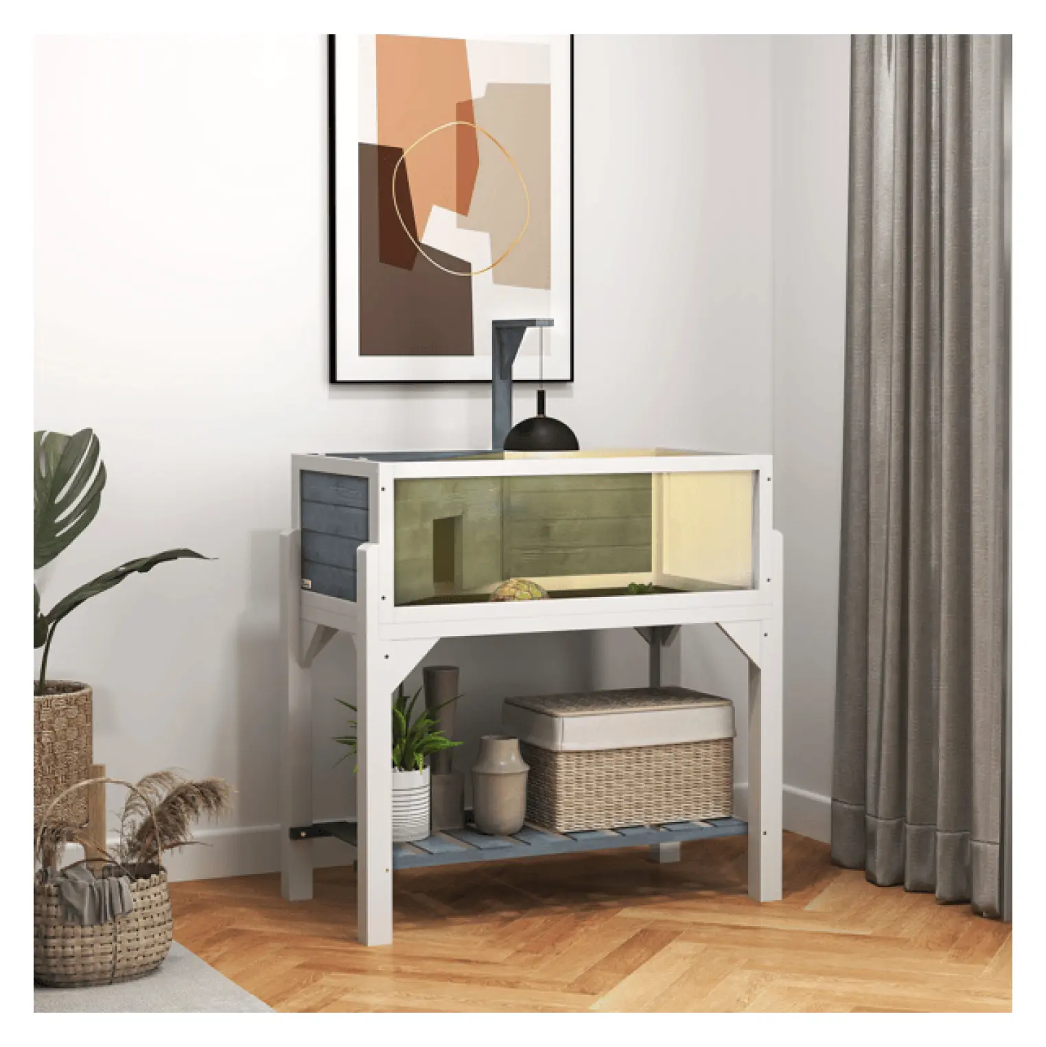 Large Wooden Tortoise House Indoor - Reptile Habitat with Basking Platform, Tray and Lamp Holder