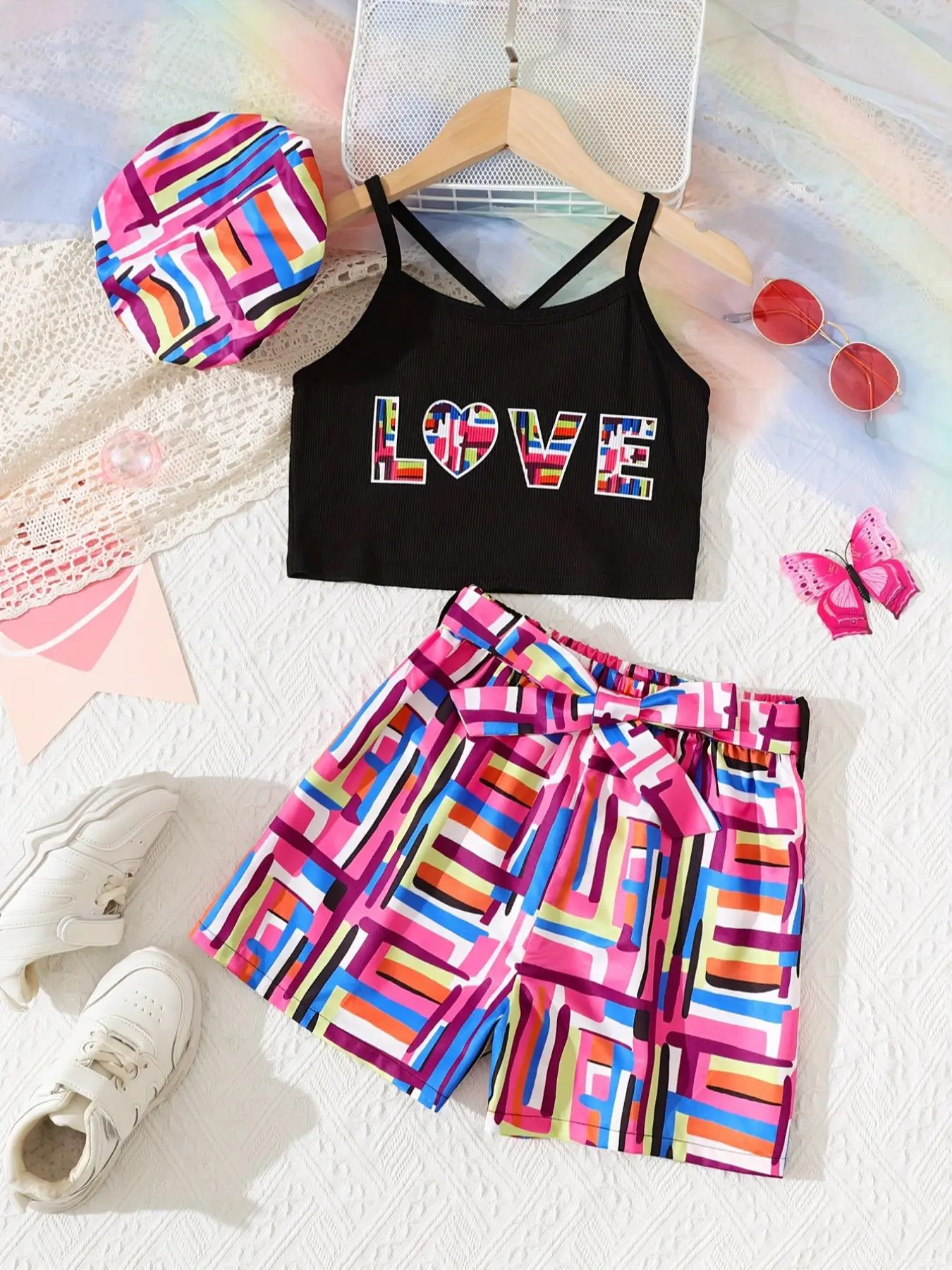 Three-piece Set Girl's Letter Print Crop Cami Top & Geometric Print Elastic Waist Shorts & Hat Set, Casual Sleeveless Spaghetti Strap Top & Belted Sho