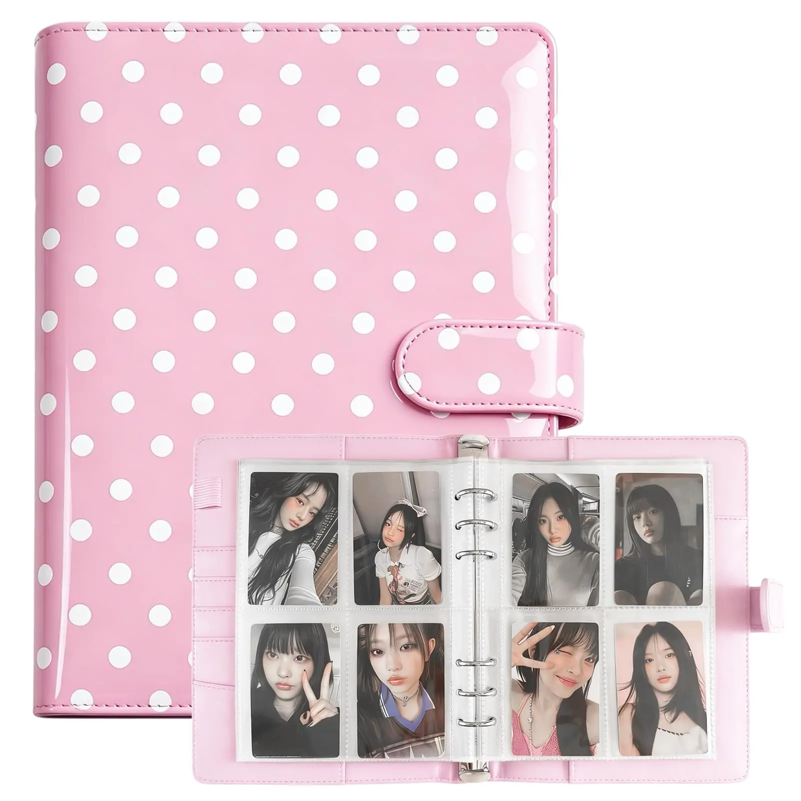 A5 Kpop Polka-dot  Photocard Binder with 30 Pack 4-Pocket Card Pages 6 Ring Photocard Holder Book PU Leather Cover Collector for 2x3’’ Album Cards Trading Card (Pink)
