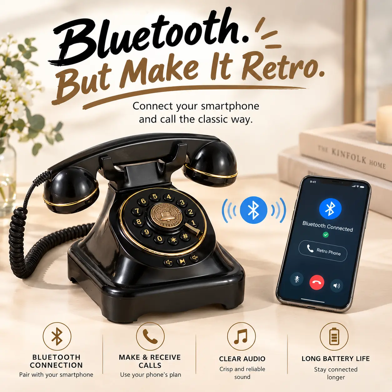 Retro Bluetooth Answering Machine Landline Handset - Vintage Answering Machine with Hands-Free Calling, Music Playback, Voice Assistant Activation, Volume Control, USB Charger, Built-In Cells, ABS Plastic for Home/Office (Reduces Screen Time), Bluetooth A