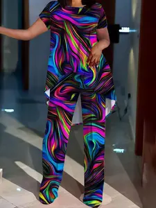 【Plus Size】 All Over Print Top & Wide Leg Pants Two-piece Set, Casual Fashion Cozy Two Piece Outfits for Daily Outdoor Wear, Women Clothing for All Seasons, Womenswear