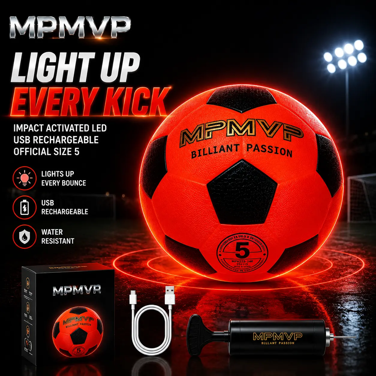 Glow in The Dark Soccer Ball Size 5 – Rechargeable LED Light Up Football, Impact Activated Lights, USB Charging, Water Resistant Night Training Soccer Ball for Kids & Adults#sport gift