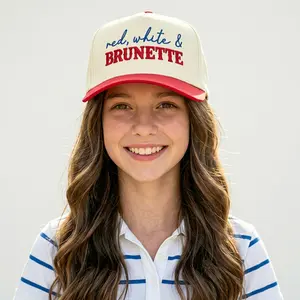 Red White & Brunette Embroidered Trucker Hat for Teen Girls, 58-60cm Adjustable Snapback Cap, Cute Patriotic Summer Baseball Hat, Brunette Girl Gift