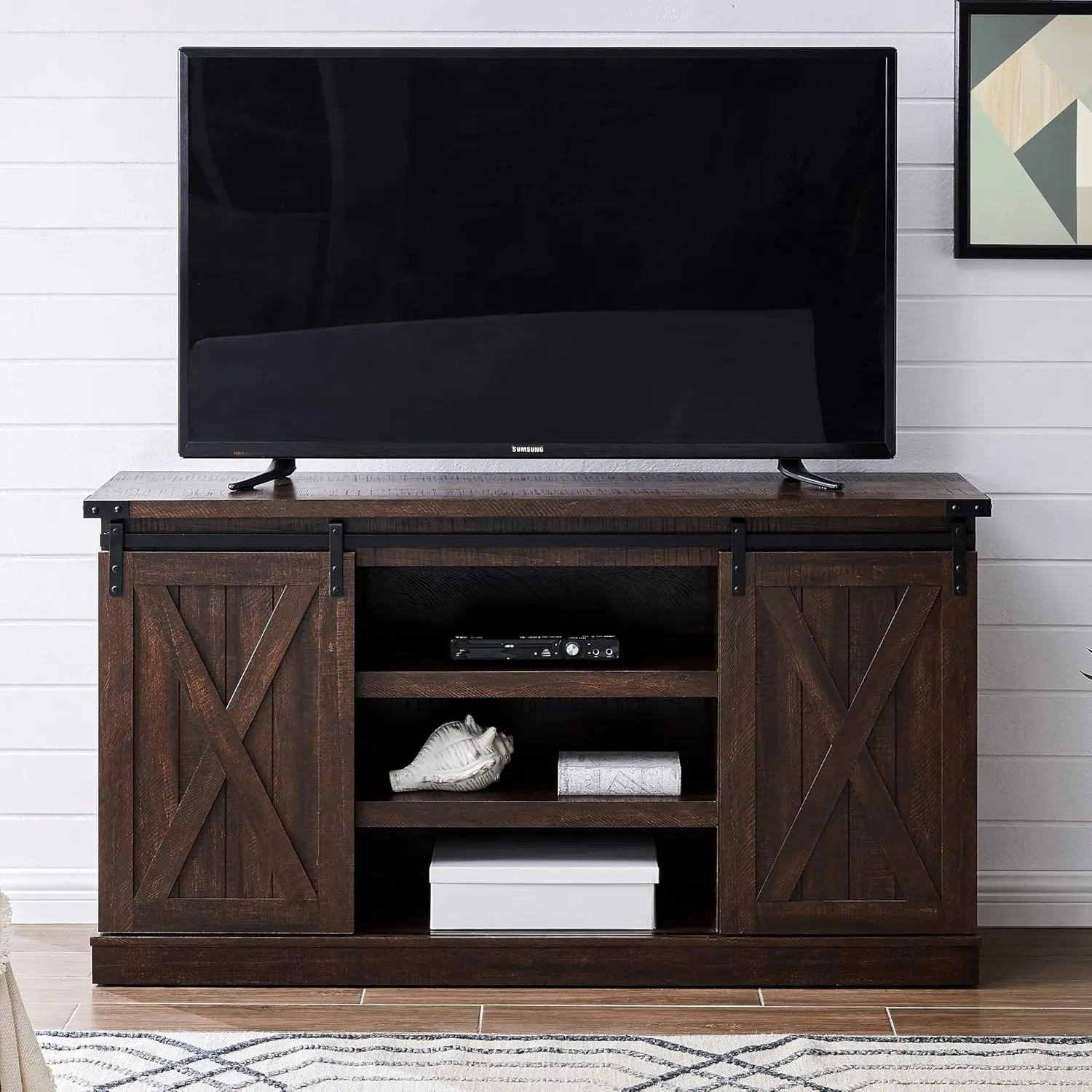 Farmhouse TV Stand for 60 Inch TV, Wood TV Stand with Sliding Barn Door, Entertainment Center with Storage Cabinet, Rustic Media Console for Living Room Bedroom, Espresso