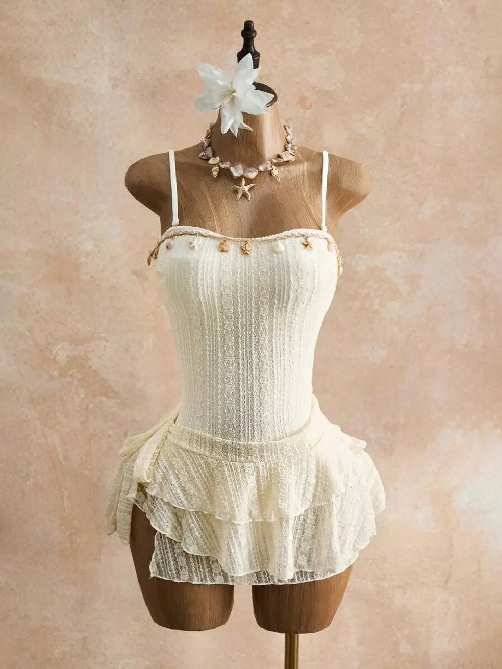 Bellisia Cream Textured Lace 2-Piece Swimsuit & Skirt Set | Seashell Trim Backless One-Piece | Tiered Ruffle Mini Skirt Mermaid Core Bridal Bathing Suit