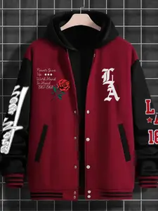 Men's Casual Letter Print Rose Patch Design Baseball Jacket, Fitted Geometric Pattern, All Seasons, Versatile Net Version