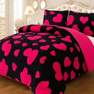 Full/Queen Hearts Pink Sherpa Flannel Blanket Bedding Set 3PC Cozy Home Decor Featuring Hearts for Romantic Bedrooms