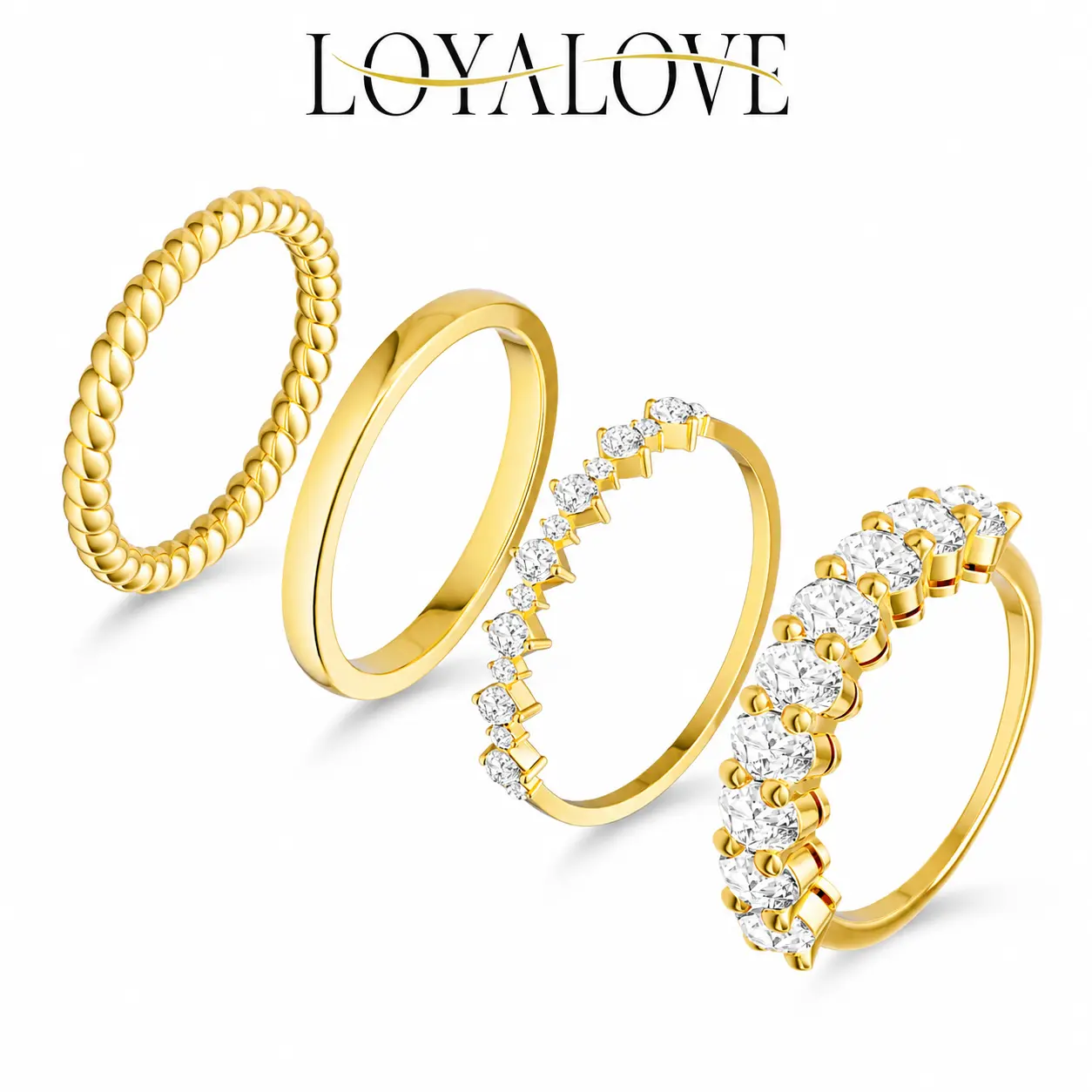 LOYALOVE 4Pcs 14K Gold Plated Stackable Rings Set for Women, Dainty Cubic Zirconia Eternity Bands, Minimalist Twisted and Plain Rings, Trendy Mix and Match Jewelry Gift