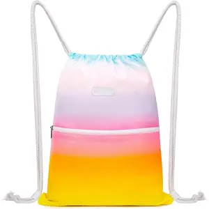 Drawstring Backpack String Bag Sackpack Cinch Water Resistant Nylon for Gym Shopping  Yoga (Rain bow)