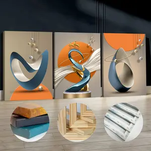 3Pcs Wooden Framed Canvas Painting, Abstract Blue And Gold Sculpture With Geometric Shapes And Delicate Ornaments, Exquisite Poster, Home Decoration, Pattern Wall Art Decor, For Living Room, Bedroom, Office, Restaurant, Bar Wall Decor, Waterproof.