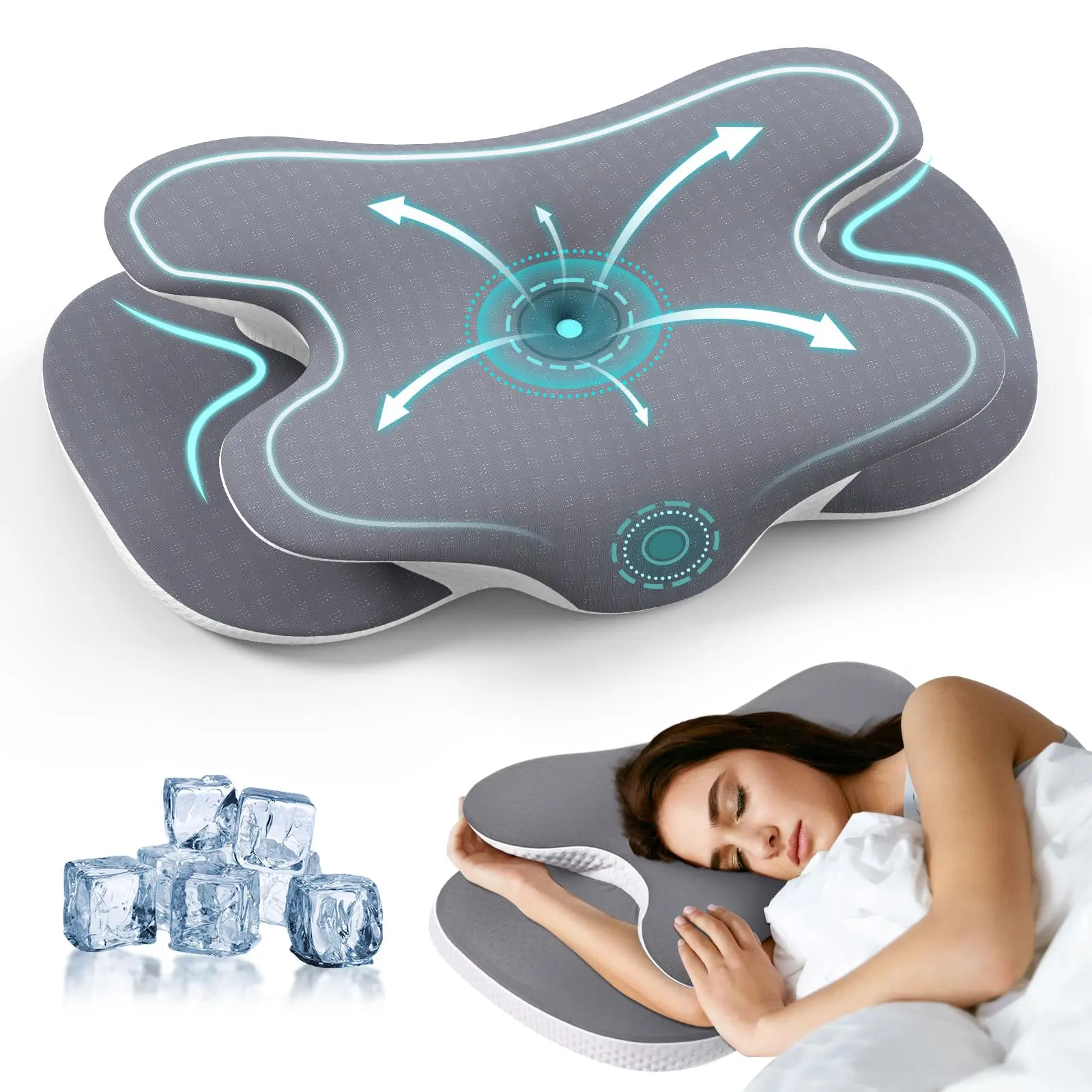 Benazcap Orthopedic Durable Memory Foam Cervical Neck Pillow, Odorless with Cooling Silk Case, Ergonomic Support for Neck Pain Relief & Good Posture, Grey (for Side/Back Sleepers)