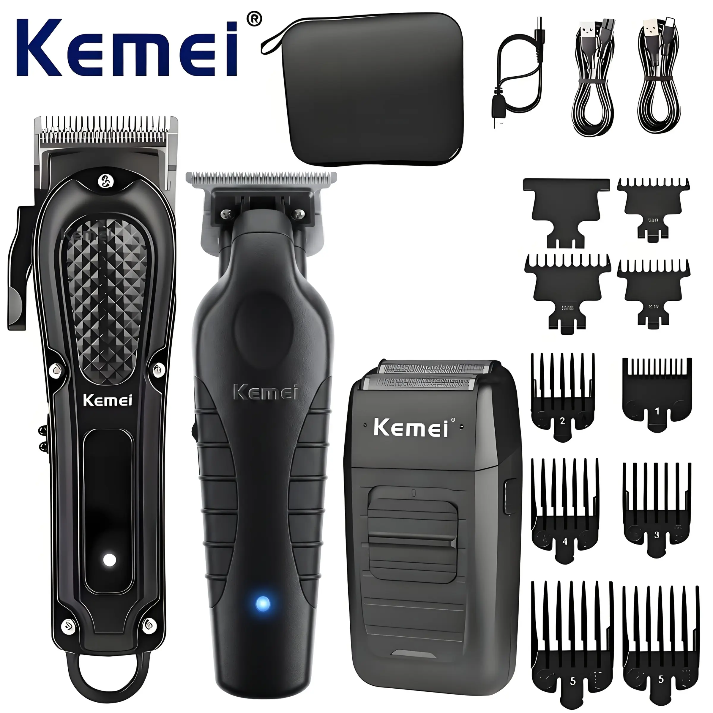 Kemei Three-Piece Set KM-1071 KM-2299 KM-1102 Barber Hair Clipper Kit Men's Electric Shaver Hair Clipper Professional Hair Clipper Kemei Hair Trimmer Set Kemei Hair Grooming Kit USB Rechargeable Trimmer