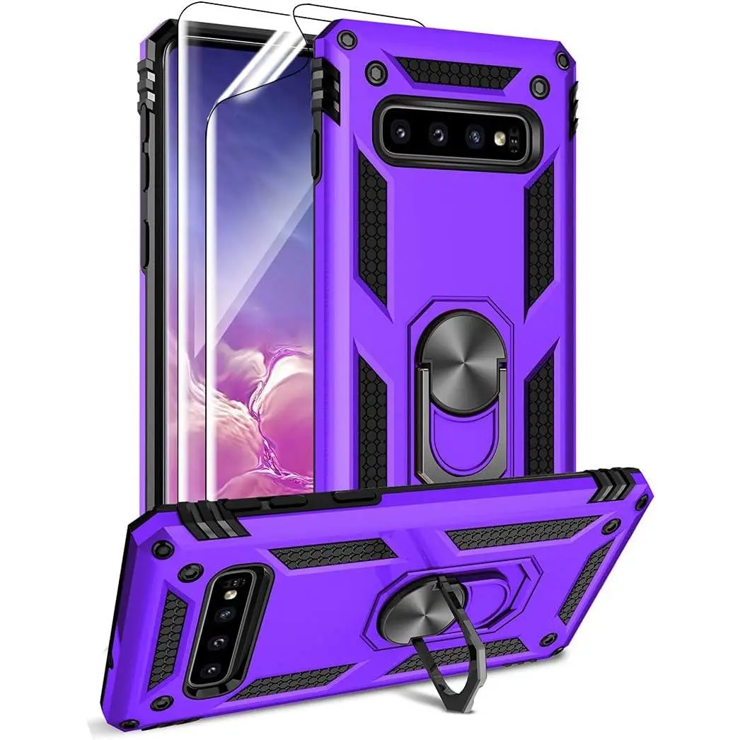 for  Galaxy S10 Case with HD Screen Protectors, -Grade Metal Ring Holder Kickstand 15ft Drop Tested Shockproof Cover Case for  Galaxy S10 (2019) Purple
