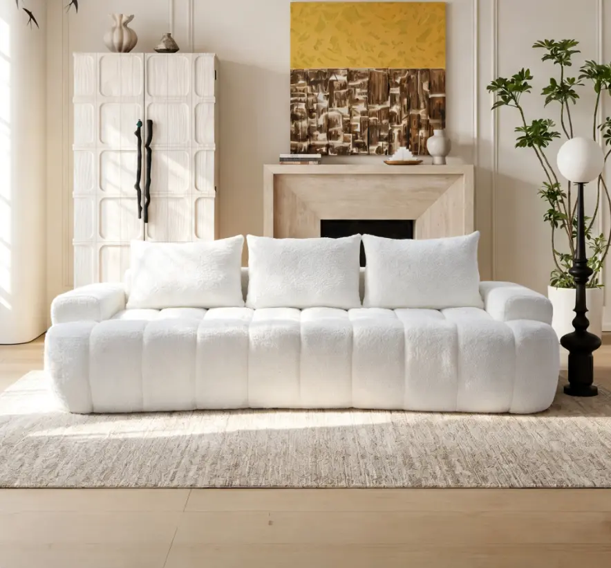 100-Inch Extra Large Curved Front Compressed Boucle Cloud 3-Seater Sectional Sofa, Oversized Couch with High Resilience Foam, Easy Shipping & Moving, Modern Lounge Living Room Furnishing