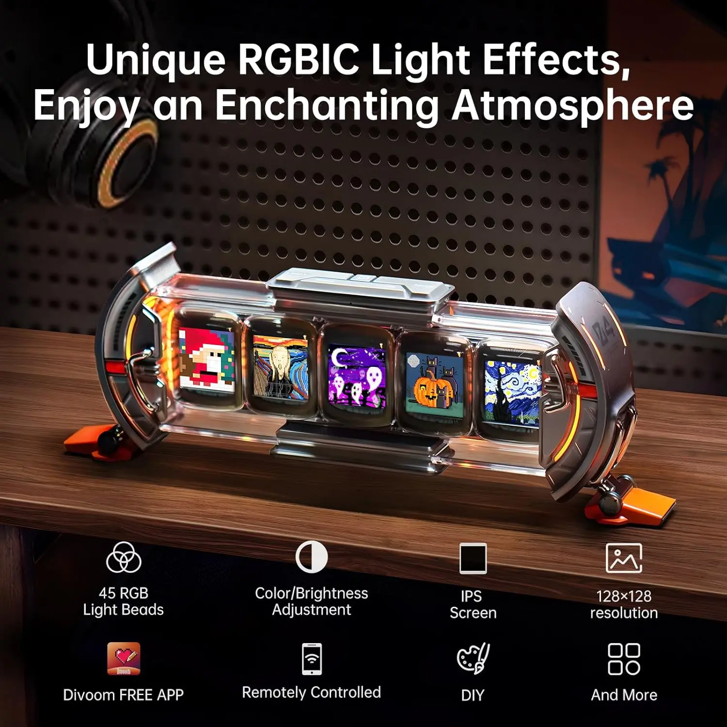 Divoom Times Gate - Cyberpunk Gaming Setup Digital Clock with Smart APP Control, WiFi Connect, RGB LED Display, Personalized Dashboard, Pixel Art for Gaming Room & Office Decor Ambient Light Lcd,rgb light,Interactive night gift Interaction lamps