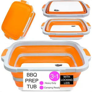 Collapsible BBQ Prep Tub with Lid - 3 in 1 Collapsible Tub & Portable Cutting Board Container for Marinating, Camping, Meat Storage - Space-Saving, Foldable Tray for Kitchen and Outdoor