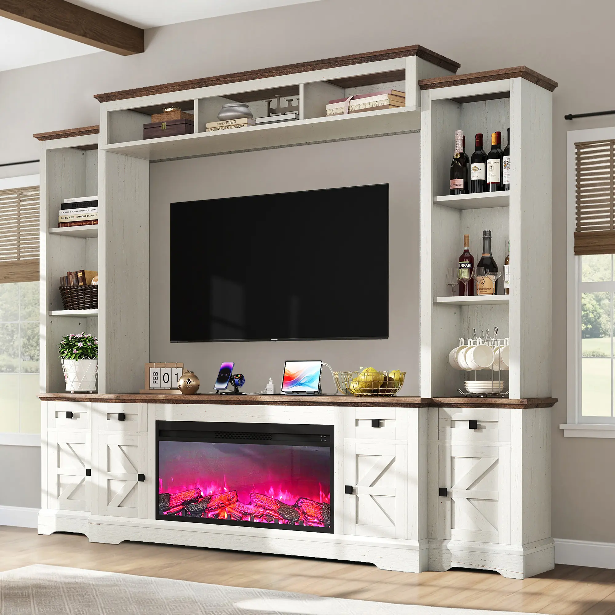 [Ships in 3 Boxes] ALBOTT 98" Farmhouse Entertainment Center TV Stand with 36" Fireplace | Large Wall Unit Fits 75" TVs, Bookshelf, Wine Cabinet, Media Console with Power Outlets & Barn Doors, Living Room