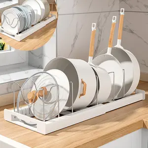 Pots and Pans Organizer Under Cabinet Pot Rack: Expandable Pot Lid Holder with 7 Adjustable Dividers for Kitchen Storage Cutting Boards, Bakeware, Lid Adjustable Shelf Rack