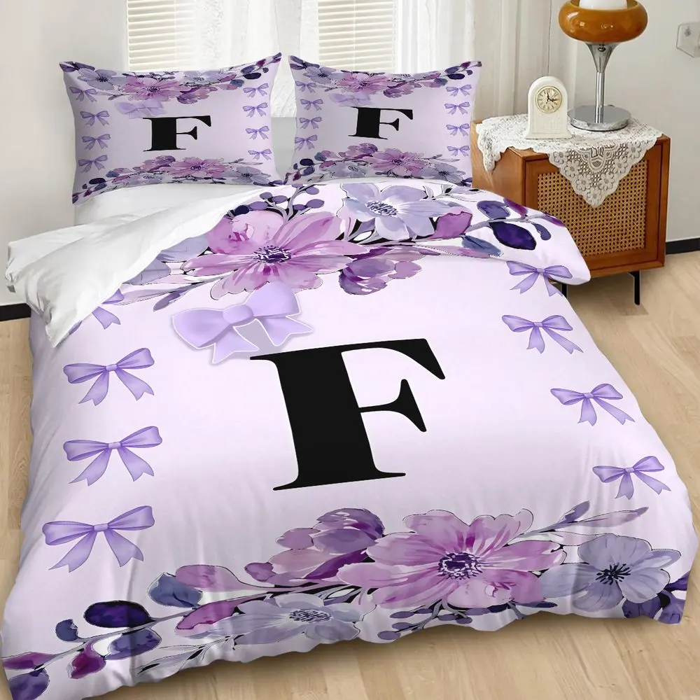 2/3Pcs Elegant Lavender Floral Duvet Cover Set, Classic Monogram F Bedding Set, Soft Matte Texture with 3D Bow Accents, Ideal for Feminine Bedroom Decor, Cozy and Stylish Bedding Solution Includes 1 or 2 Pillowcase - No filling/Zipper Closure