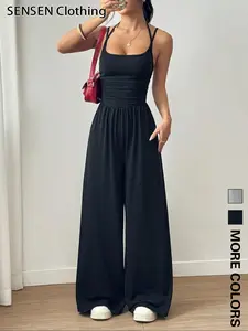 Elegant Women's Knitted Bodycon Fitted Jumpsuit, Sleeveless Backless Design, High Waist Ruched Detailing, Casual, Womenswear, Perfect for Parties, Events & Everyday