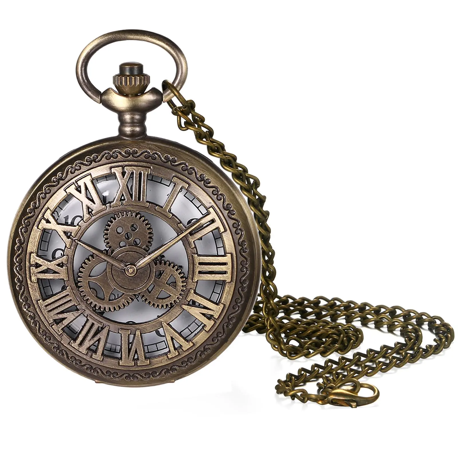 OIDEA Unisex Steampunk Embossed Gear Pocket Watch - Vintage Antique Bronze-Tone Quartz Analog Fob Watch with 30.7" Sweater Chain Necklace, Christmas, Father's Day