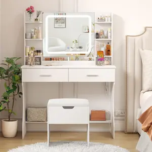 Lifewit Vanity with Mirror Adjustable Lighting, 2 Power Outlets/USB Ports, Makeup Desk with Storage Stool, 8 Open Shelves, 2 Drawers, Lipstick Holders,summerwins