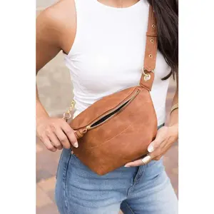 Luxe Vegan Leather Convertible Sling Belt Bum Bag with Chain Accent and Boutique Quality