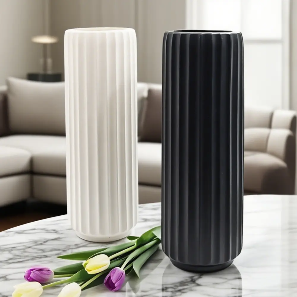 40cm Floor Vase for Living Room Decor, Large Modern Faux Flower Arrangement Vase, Textured Plastic Centerpiece for Entryway Store Display, Home Decor Vase, Decorative Vase, Black White