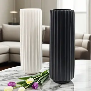40cm Floor Vase for Living Room Decor, Large Modern Faux Flower Arrangement Vase, Textured Plastic Centerpiece for Entryway Store Display, Home Decor Vase, Black White