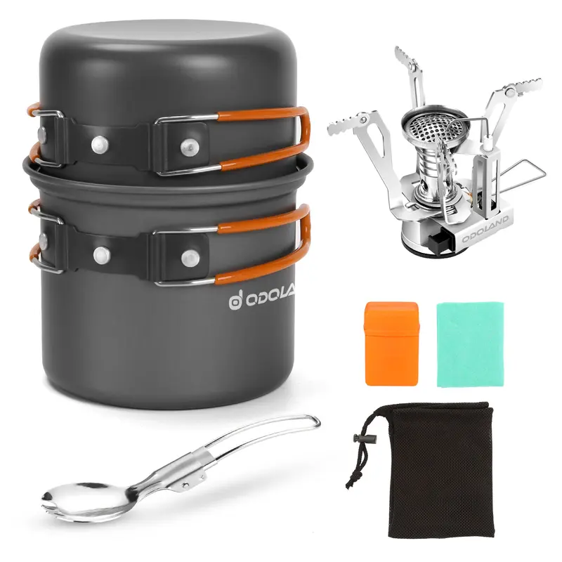 Odoland 6pcs Camping Cookware Mess Kit with Lightweight Pot, Stove, Spork and Carry Mesh Bag, Great for Backpacking Outdoor Camping Hiking and Picnic