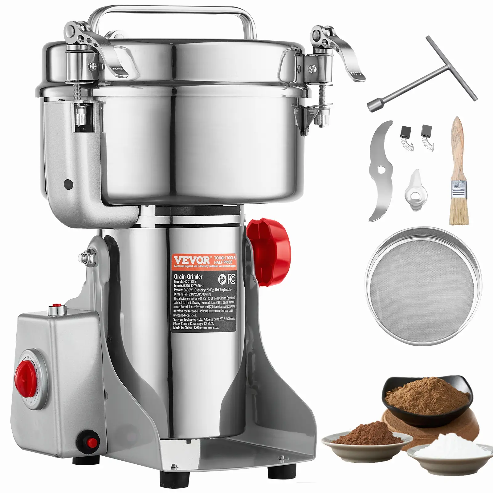 VEVOR 2000g Electric Grain Mill Grinder, High Speed 3400W Commercial Spice Grinders, Stainless Steel Pulverizer Powder Machine, for Dry Grains Spices