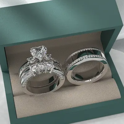 His And Hers Wedding Ring Set - White Gold Plated CZ Women's Ring & Titanium Steel Men's Band
