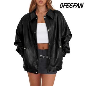 OFEEFAN Leather Jacket Women Fall Outfits 2025 Oversized Motorcycle Y2K Clothes Faux Leather Pocket Winter Coats Zip Up Casual Vintage