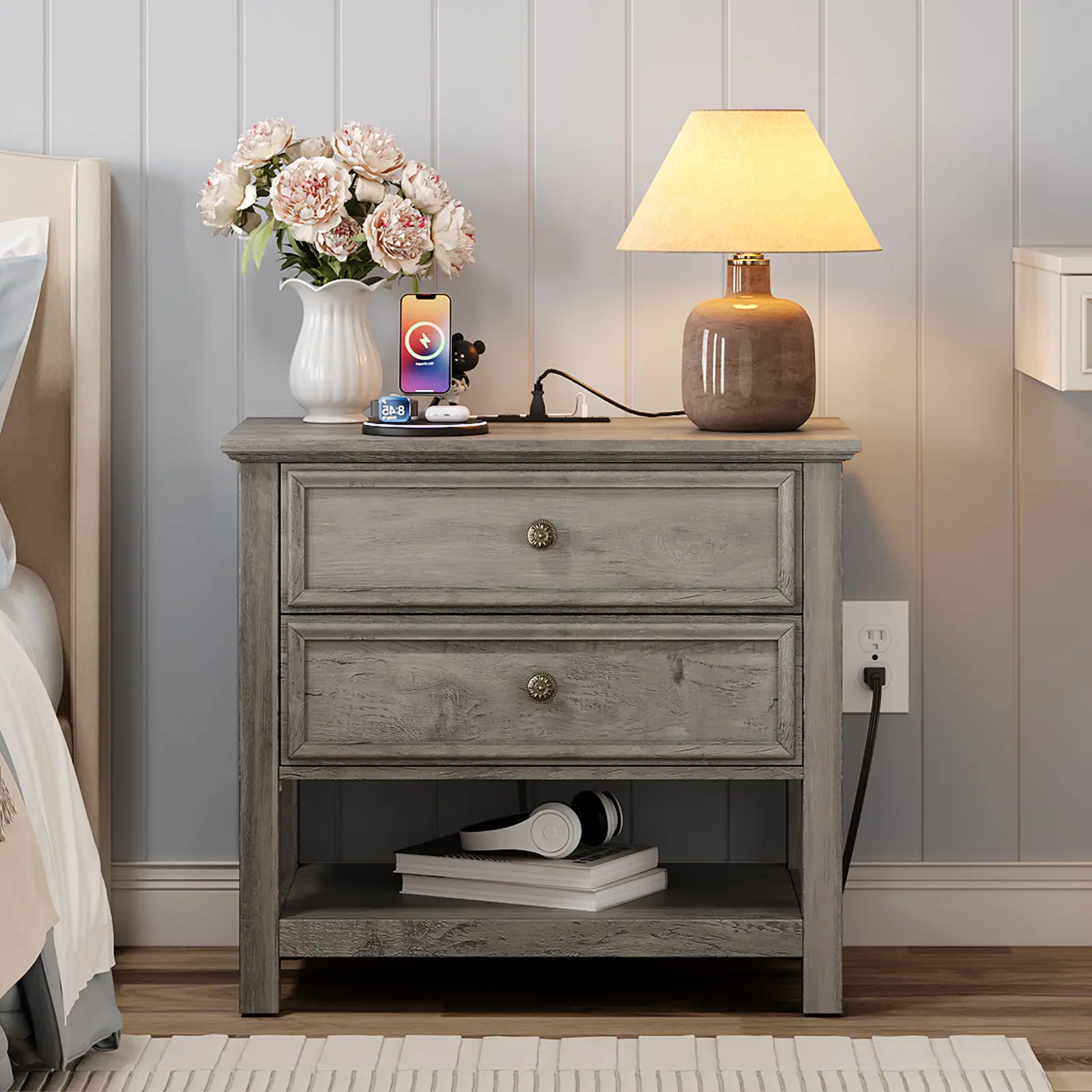 LGHM Home 26.7" Wide Nightstand with Charging Station, Farmhouse Nightstands with 2 Drawers and Open Storage, End Table Bedside Table for Bedroom Living Room, Gray