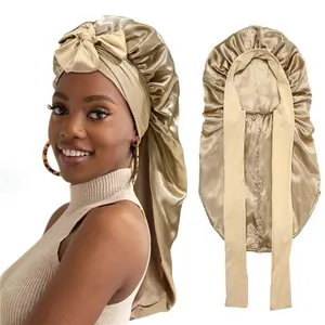 Champagne Double-Layer Long Satin Bonnet Adjustable Care Night Sleeping Cap for Women Braids Curly Hair Wrap Bonnets for with Tie Band
