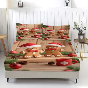 3-piece Christmas gingerbread man patterned bed sheet set, including 1 bed sheet and 2 pillowcases, anti slip and dust cover suitable for bedrooms, suitable for Christmas gift giving, Bedsheet Sets