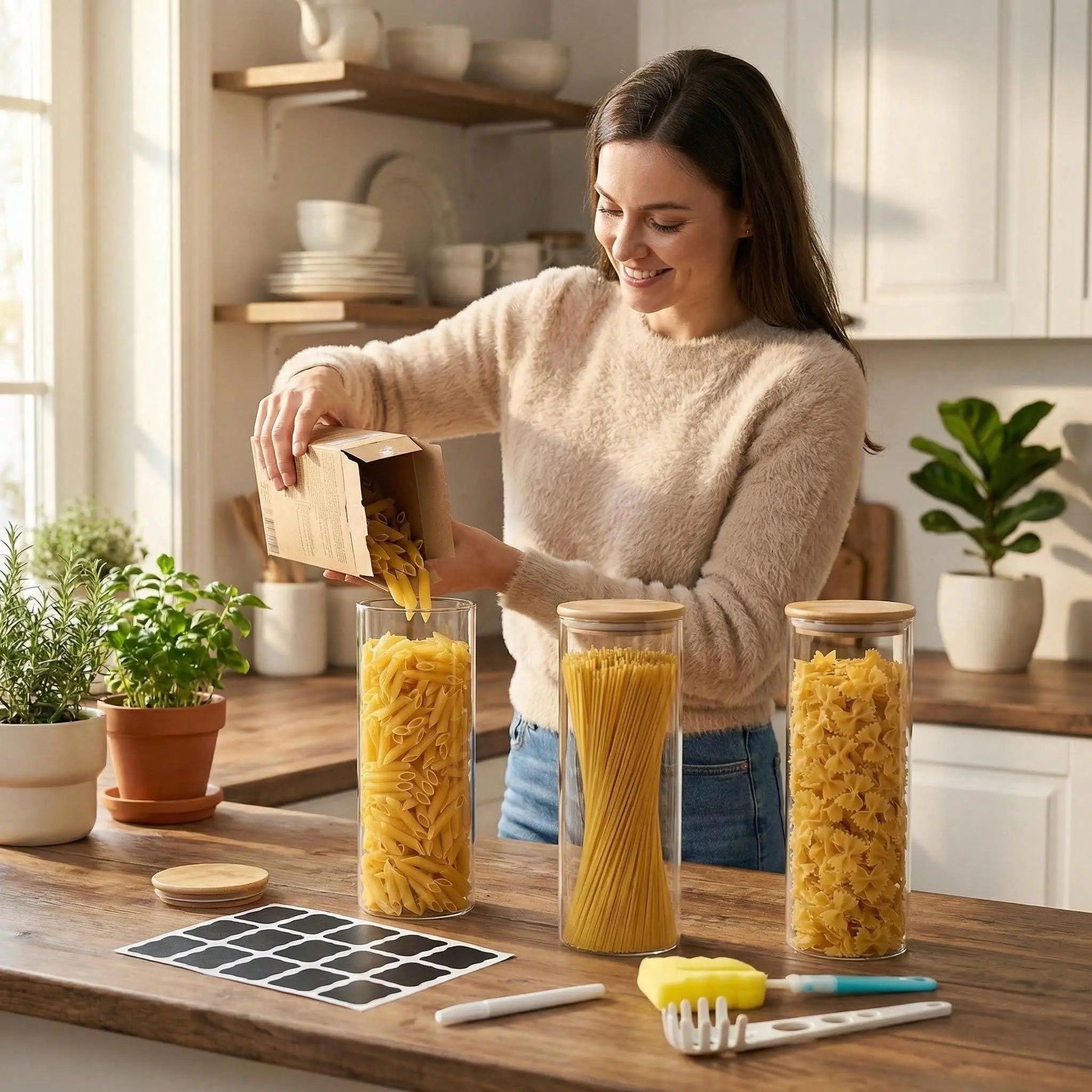 A Set Of 3 Square Glass Tall Jars With Bamboo And Wooden Lids (3-Piece Set, 72FL.Oz Capacity). These Airtight Glass Storage Jars With Bamboo And Wooden Lids Are Suitable For Storing Loose Tea, Brown Sugar, Candy, Nuts, Coffee Beans, Salt, Pasta, Etc.