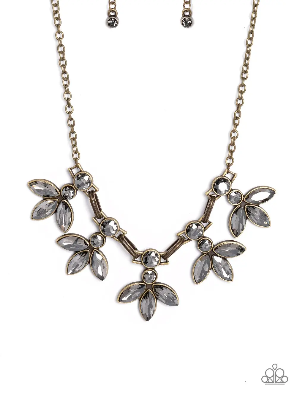 Dauntlessly Debonair - Collar-like Necklace, Marquise-cut Gems Fan Out From Doubled Round Rhinestones and Interlink with Oval Links with Dot Motif