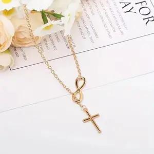 Silver Gold Infinity Cross Y Necklace, Dainty Infinite Symbol Cross Pendant, Religious Faith Jewelry Gift for Women